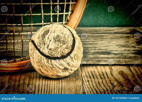Old Tennis Ball And Racket Stock Photo Image Of Tennis 157129406