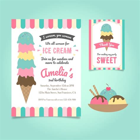 Paper Editable Ice Cream Party Invite Four Ever Sweet Birthday Corjl Printable Instant Download