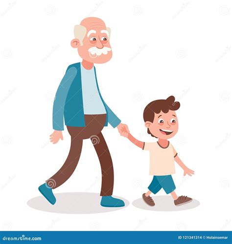 Grandfather And His Grandson Walking Vector Illustration