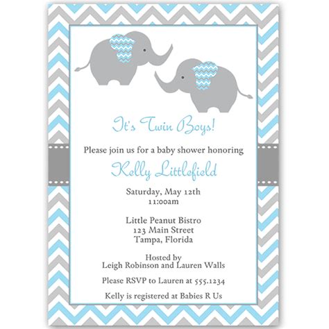 Chevron Elephant Blue Twins Baby Shower Invitation Invitaciones