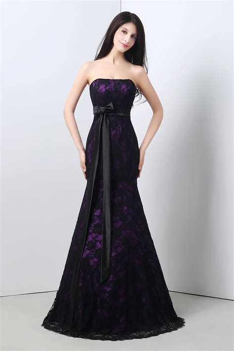 formal mermaid strapless purple satin black lace evening dress with sash bow black lace