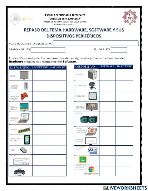 Hardware Software Dispositivos Perif Ricos Worksheet Software