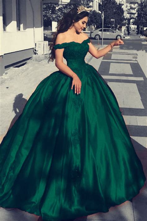 Green Satin Off The Shoulder Ball Gowns Wedding Dresses Lace Appliques