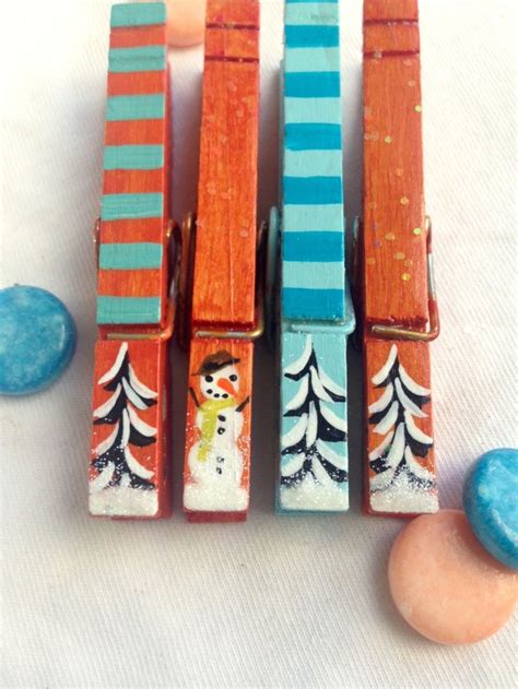 Christmas Clothespins Hand Painted Turquoise And Orange Etsy