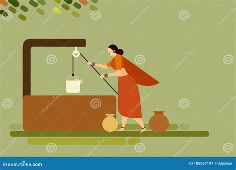 Indian Village Woman Fetching Water From A Well Stock Vector