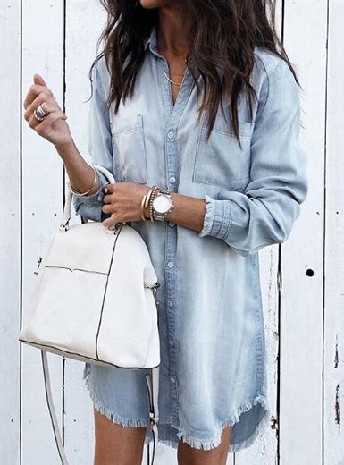 Women Frayed Hemline Distressed Denim Shirt Mini Dress Power Day Sale