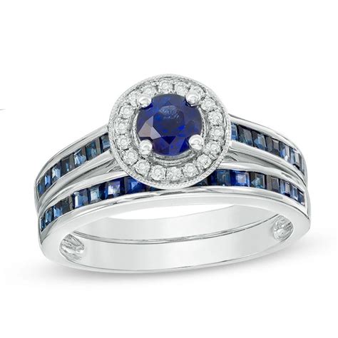 50mm Blue Sapphire And Diamond Accent Frame Bridal Engagement Ring Set