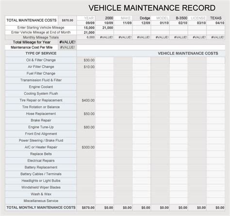 vehicle maintenance log service sheet templates