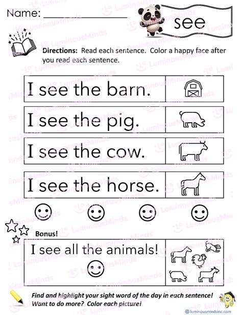 Reading Comprehension Worksheets Reading With Sight Word See