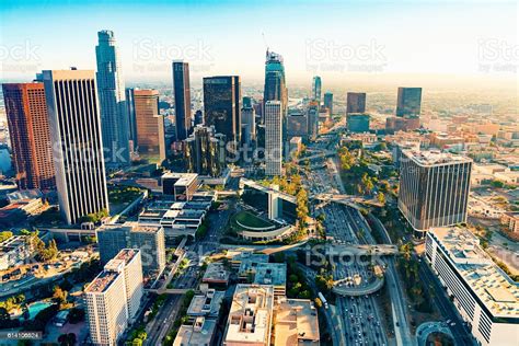 Aerial View Of A Downtown La At Sunset Stock Photo Download Image Now