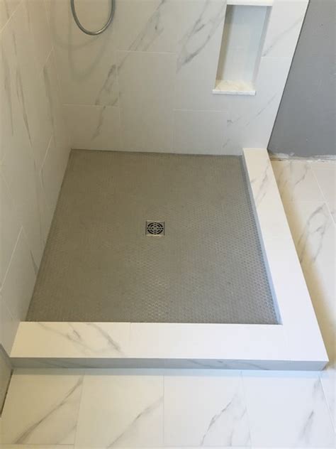 Master Bathroom Porcelain White Marble Tile Gray Hexagon Shower