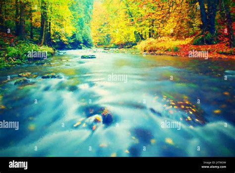 Watercolor Paint Paint Effectview Into Autumn Mountain River With