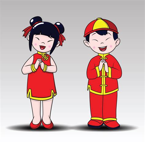 Happy Chinese Happy Boy And Girl Standing Cartoon Style Download