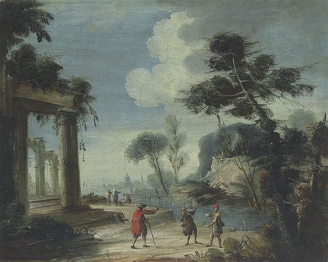 Follower Of Marco Ricci A River Landscape With Noblemen And Beggars