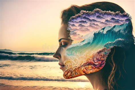 Double Exposure Woman Portrait With The With Ocean Wave For Calm Mind