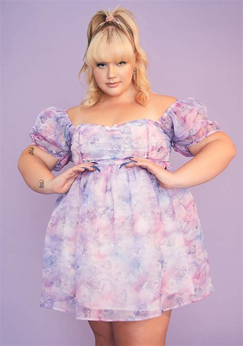 Plus Size Sugar Thrillz Cherub Print Organza Babydoll Dress Purple