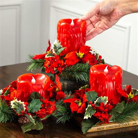 Red Battery Pillar Candles With Poinsettia Pine Candle Rings Lighting