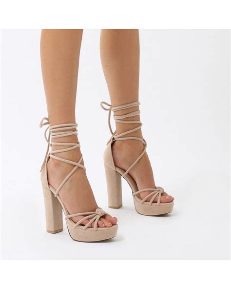 Public Desire Tassie Knotted Lace Up Platform Heels In Nude Faux Suede