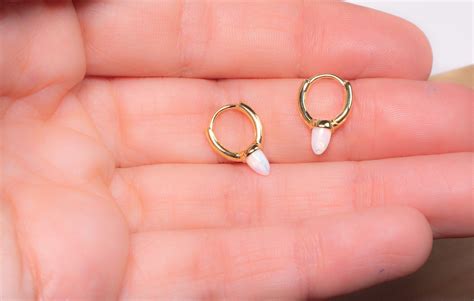 Spike Opal Huggies Small Opal Hoop Earrings Gold Huggies Etsy