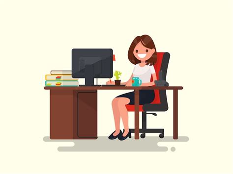 Premium Vector Business Woman At Work Office Worker Woman Behind The A Work Desk Illustration