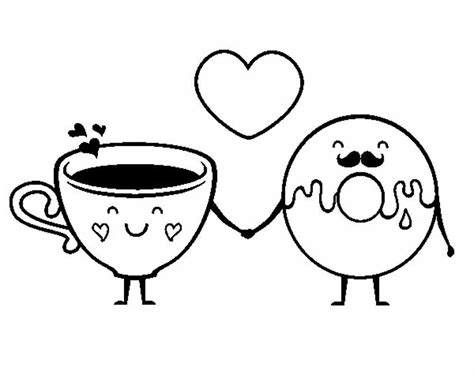 Café Y Dona Rosquilla Enamorados Para San Valentin Dibujos Kawaii