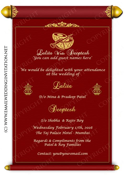 A hindu wedding card is the symbol of hindu marriage customs, rituals & blessings that will forever unite the couple. Ornate scroll wedding e-Card - edit online and send via ...