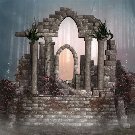 Mysterious Temple Ruins In A Foggy Scenery Stock Illustration