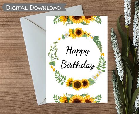 Happy Birthday Sunflowers With Wreath Card Pdf And  Printable Etsy