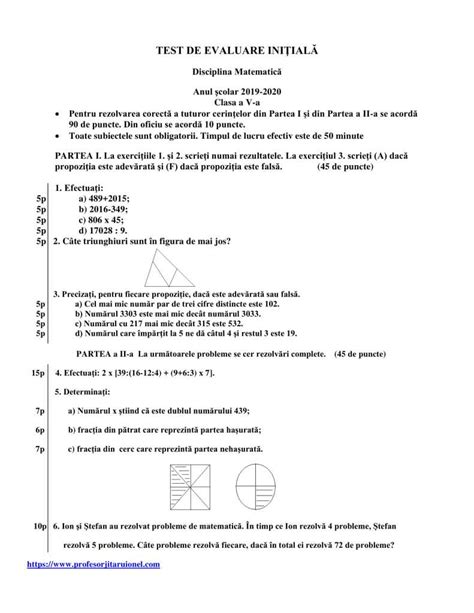An Scolar 2019 2020 Clasele 5 8 Teste Initiale La Matematica Cu
