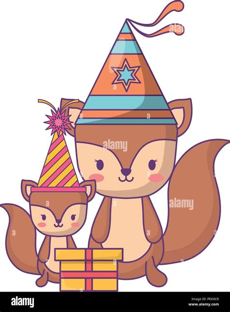 Happy Birthday Design With Cute Squirrels With Party Hats Over White