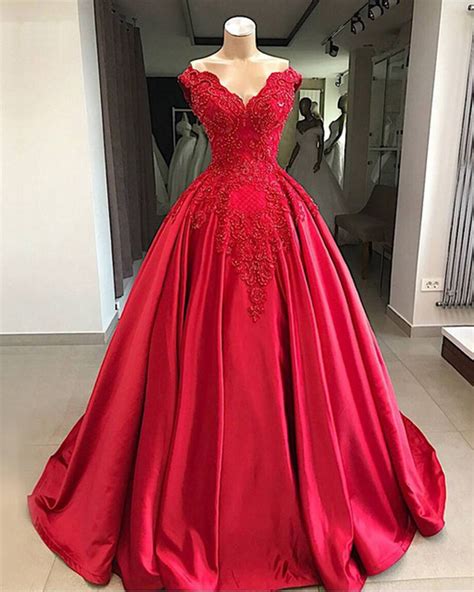 Beautiful Red Satin Prom Dress V Neck Long Evening Dress For Prom Prom Red Ball Gowns