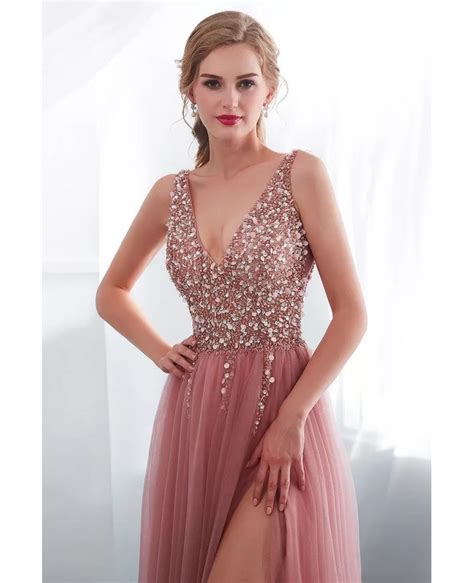 Elegant Slit A Line V Neck Tulle Prom Dress With Beading Top E008