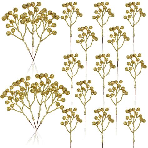 Buy 20 Pieces Christmas Artificial Gold Berry Stem 71 Inch Artificial Glitter Gold Berry Stem