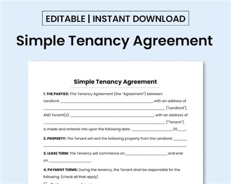 Simple Tenancy Agreement Template Pdf Ms Word Document Etsy New