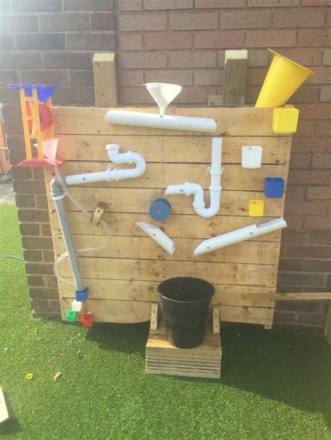 Water Wall Created Using A Pallet Eyfs Outdoor Kids Play Area