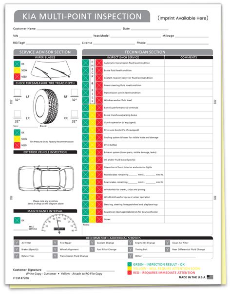 Kia Multi Point Inspection Form Custom Package Of 500