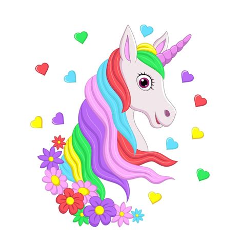 Premium Vector Cute Pink Unicorn Head With Rainbow Mane Flowers And