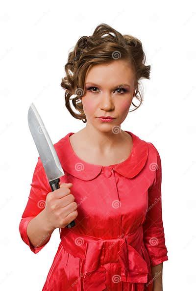 Crazy Young Female With Big Kitchen Knife Isolated Stock Photo Image