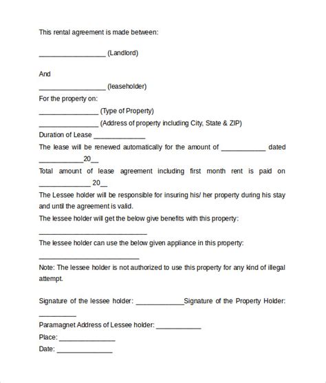 A standard residential lease agreement (or rental agreement) is a written document between a landlord and tenant that formalizes an agreement to rent real property for a fee. FREE 12+ Sample Rental Agreement Letter Templates in MS Word | PDF