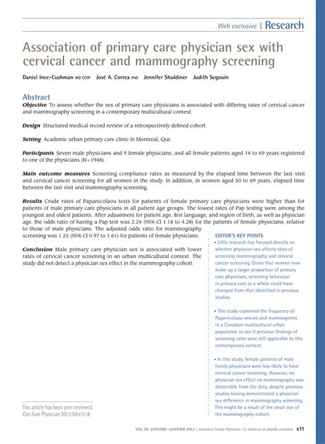 Pdf Association Of Primary Care Physician Sex With Cervical Cancer And Mammography Screening