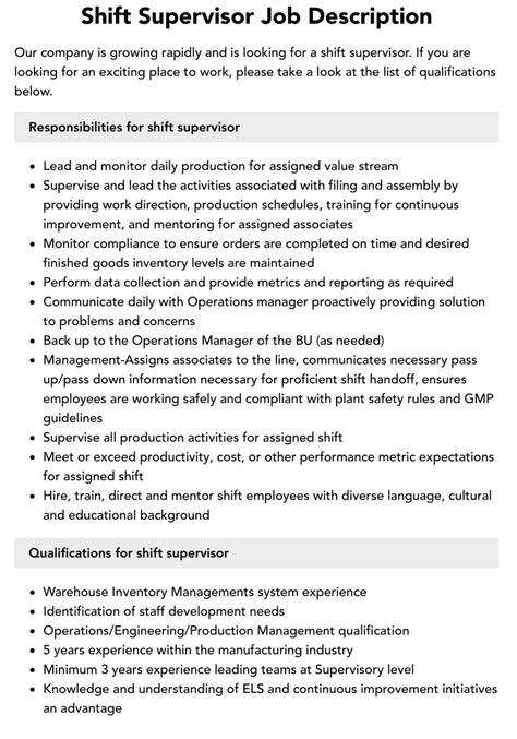 Shift Supervisor Job Description Velvet Jobs