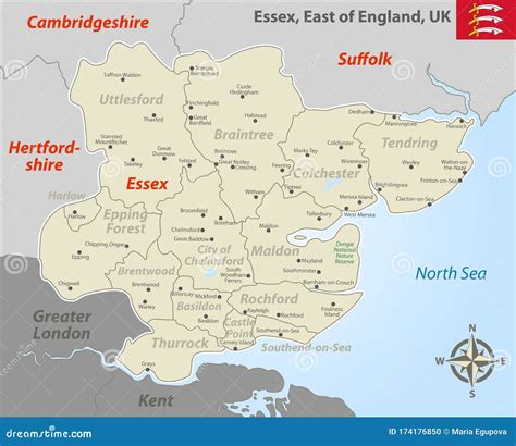 East Essex County Administrative Map Stock Image