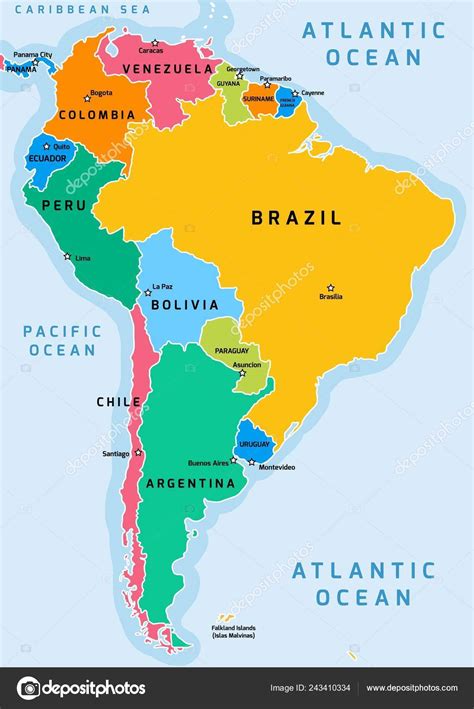 América Sul Mapa Divisão Política Ilustração Vetorial Vetor de stock de