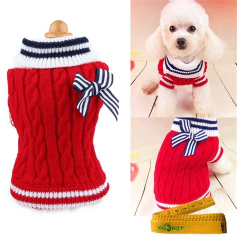 Pet Dog Sweater Knitted Braid Plait Turtleneck Navy Style Bowknot