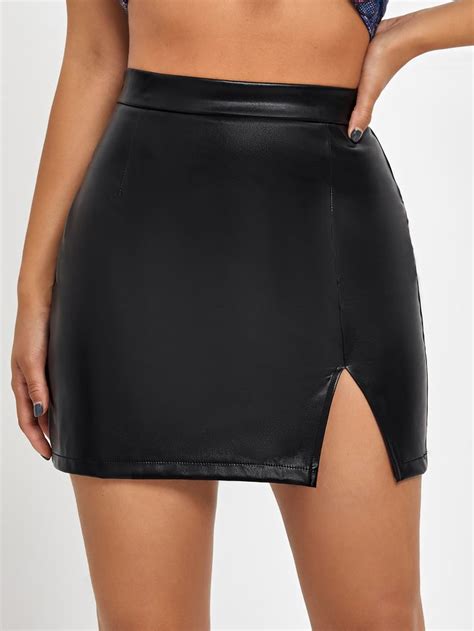 Split Hem Leather Look Skirt En 2023 Faldas Negras Ajustadas Faldas