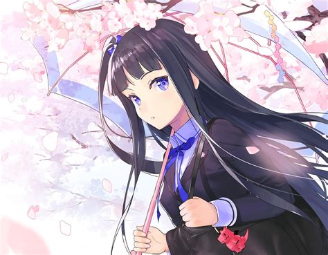 Wallpaper Black Hair Umbrella Blue Eyes School Uniform 1386x1080