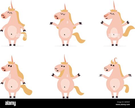 Set Of Six Cartoon Unicorns In Different Poses Various Fantastic
