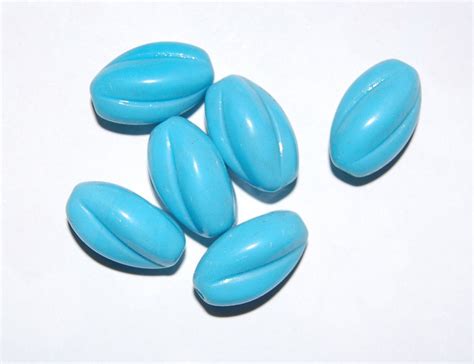 Vintage Turquoise Blue Ribbed Oval Glass Beads Germany 20mm 6 Grm019a