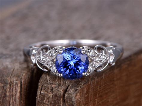Sapphire Ringart Deco Engagement Ring7mm Round Created Blue Gem
