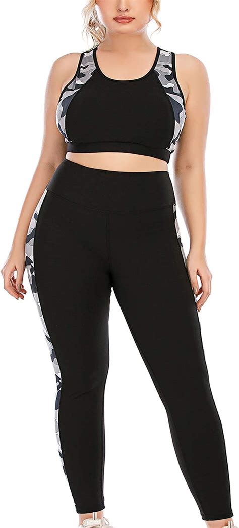 women s plus size yoga set two piece set workout outfits sports bra high waist leggings with
